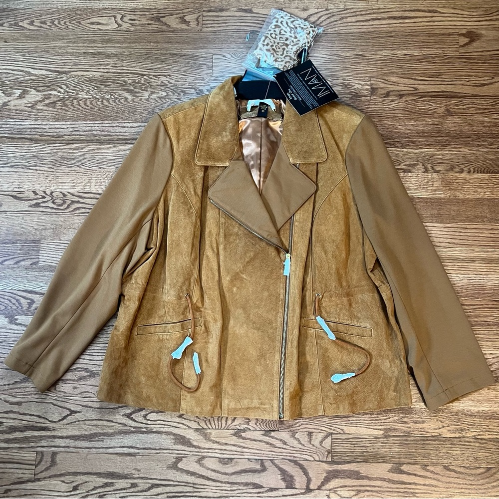 BNWT IMAN Tan Leather Jacket Asymmetrical Moto Style with Scarf